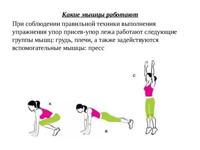 Какие мышцы работают При соблюдении правильной техники выполнения упражнения упор присев-упор лежа работают следующие группы мышц: грудь, плечи, а также задействуются вспомогательные мышцы: пресс 