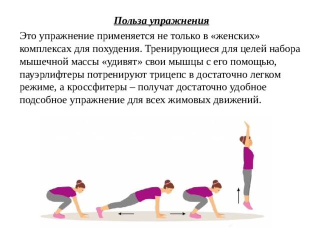 Польза упражнения Это упражнение применяется не только в «женских» комплексах для похудения. Тренирующиеся для целей набора мышечной массы «удивят» свои мышцы с его помощью, пауэрлифтеры потренируют трицепс в достаточно легком режиме, а кроссфитеры – получат достаточно удобное подсобное упражнение для всех жимовых движений. 