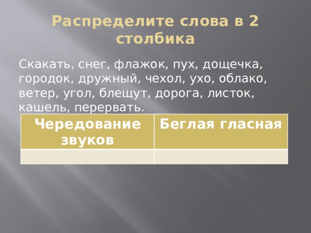 Распределите слова в 2 столбика Скакать, снег, флажок, пух, дощечка, городок, дружный, чехол, ухо, облако, ветер, угол, блещут, дорога, листок, кашель, перервать. Чередование звуков Беглая гласная 