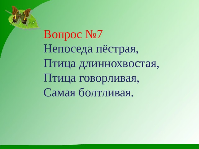 Вопрос №7 Непоседа пёстрая,  Птица длиннохвостая,  Птица говорливая,  Самая болтливая. 