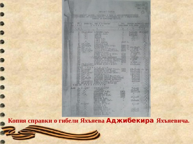                Копия справки о гибели Яхъяева Аджибекира Яхъяевича. 1.3.Награды героя   