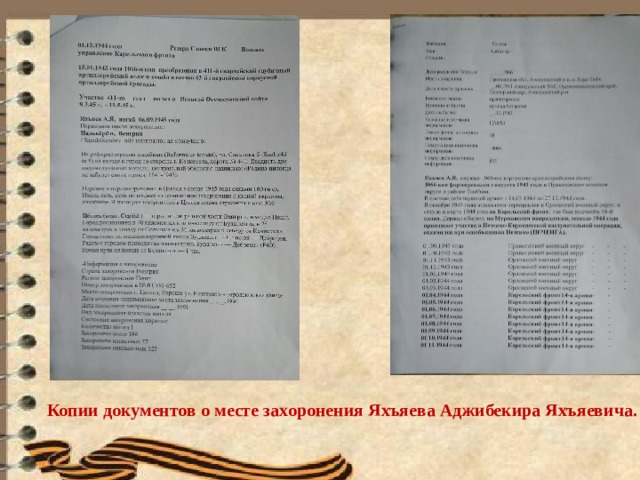                    Копии документов о месте захоронения Яхъяева Аджибекира Яхъяевича. 