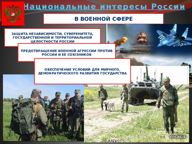 Национальные интересы России В военной сфере Защита независимости, суверенитета, государственной и территориальной целостности россии Предотвращение военной агрессии против россии и ее союзников Обеспечение условий для мирного, демократического развития государства 