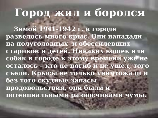 Город жил и боролся Зимой 1941-1942 г. в городе развелось много крыс. Они нападали на полуголодных и обессилевших стариков и детей. Никаких кошек или собак в городе к этому времени уже не осталось – кто не погиб и не ушел, того съели. Крысы не только уничтожали и без того скудные запасы продовольствия, они были и потенциальными разносчиками чумы. 