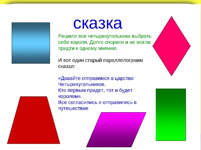  сказка Решили все четырехугольники выбрать себе короля. Долго спорили и не могли придти к одному мнению.  «Давайте отправимся в царство Четырехугольников.  Кто первым придет, тот и будет королем».  Все согласились и отправились в путешествие  