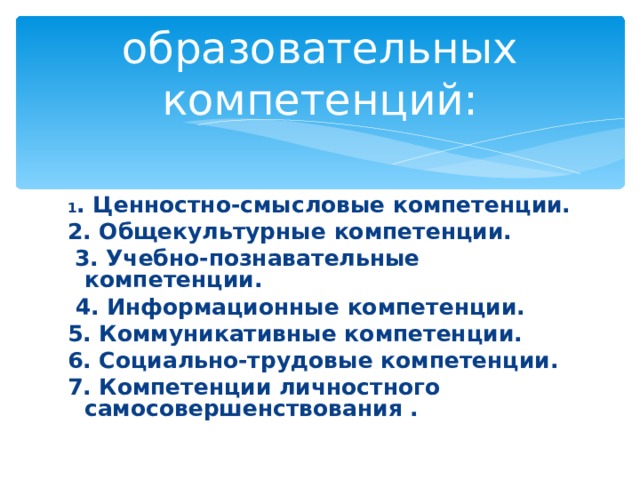  7 ключевых образовательных компетенций:   1 . Ценностно-смысловые компетенции. 2. Общекультурные компетенции.   3. Учебно-познавательные компетенции.    4. Информационные компетенции. 5. Коммуникативные компетенции. 6. Социально-трудовые компетенции. 7. Компетенции личностного самосовершенствования . 