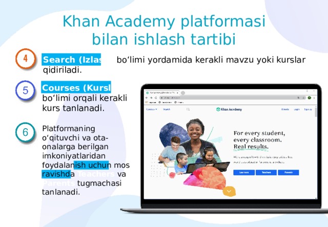 Khan Academy platformasi bilan ishlash tartibi Search (Izlash) bo‘limi yordamida kerakli mavzu yoki kurslar qidiriladi. Courses (Kurslar) bo‘limi orqali kerakli kurs tanlanadi. Platformaning o‘qituvchi va ota-onalarga berilgan imkoniyatlaridan foydalanish uchun mos ravishda Teachers va Parents tugmachasi tanlanadi. 