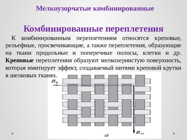 Мелкоузорчатые комбинированные Комбинированные переплетения  К комбинированным переплетениям относятся креповые, рельефные, просвечивающие, а также переплетения, образующие на ткани продольные и поперечные полосы, клетки и др. Креповые переплетения образуют мелкозернистую поверхность, которая имитирует эффект, создаваемый нитями креповой крутки в шелковых тканях. 