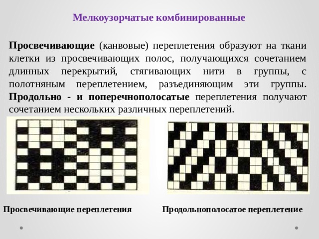 Мелкоузорчатые комбинированные Просвечивающие (канвовые) переплетения образуют на ткани клетки из просвечивающих полос, получающихся сочетанием длинных перекрытий, стягивающих нити в группы, с полотняным переплетением, разъединяющим эти группы. Продольно - и поперечнополосатые переплетения получают сочетанием нескольких различных переплетений. Просвечивающие переплетения Продольнополосатое переплетение 