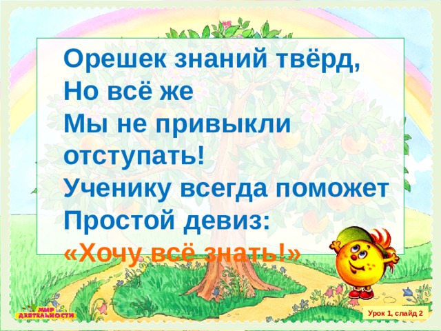 Орешек знаний твёрд, Но всё же Мы не привыкли отступать! Ученику всегда поможет Простой девиз: Орешек знаний твёрд, Но всё же Мы не привыкли отступать! Ученику всегда поможет Простой девиз: «Хочу всё знать!» «Хочу всё знать!»  Урок 1, слайд 2 