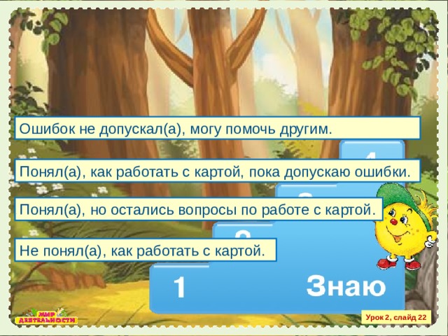 Ошибок не допускал(а), могу помочь другим . Понял(а) , как работать с картой, пока допускаю ошибки .  Понял(а), но остались вопросы по работе с картой . Не понял(а) , как работать с картой . Урок 2, слайд 22 