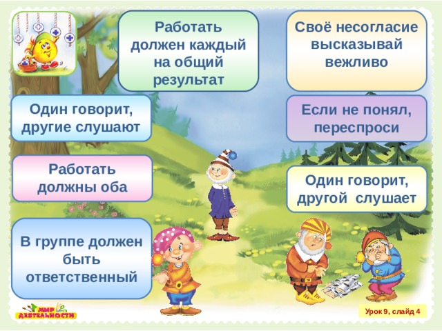Своё несогласие высказывай вежливо Работать должен каждый на общий результат Один говорит, другие слушают Если не понял, переспроси Работать должны оба Один говорит, другой слушает В группе должен быть ответственный Урок 9, слайд 4 