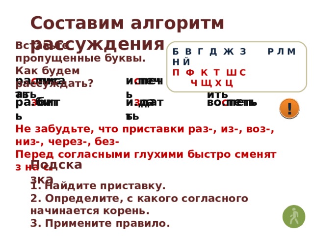 Составим алгоритм рассуждения Вставьте пропущенные буквы. Как будем рассуждать? Б В Г Д Ж З Р Л М Н Й П Ф К Т Ш С Ч Щ Х Ц и.печь ра с писать и с печь во з ложить ра.писать во.ложить во.петь и.дать ра.бить во с петь и з дать ра з бить ! ! Не забудьте, что приставки раз-, из-, воз-, низ-, через-, без- Перед согласными глухими быстро сменят з на с! Подсказка 1.  Найдите приставку. 2. Определите, с какого согласного начинается корень. 3. Примените правило. 