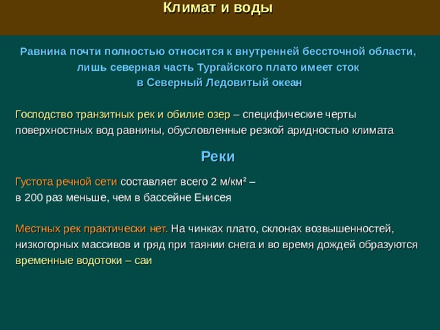  Климат и воды  Равнина почти полностью относится к внутренней бессточной области, лишь северная часть Тургайского плато имеет сток в Северный Ледовитый океан  Господство транзитных рек и обилие озер – специфические черты поверхностных вод равнины, обусловленные резкой аридностью климата  Реки  Густота речной сети составляет всего 2 м/км 2 – в 200 раз меньше, чем в бассейне Енисея Местных рек практически нет. На чинках плато, склонах возвышенностей, низкогорных массивов и гряд при таянии снега и во время дождей образуются временные водотоки – саи  