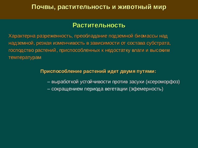  Почвы, растительность и животный мир  Растительность Характерна разреженность, преобладание подземной биомассы над надземной, резкая изменчивость в зависимости от состава субстрата, господство растений, приспособленных к недостатку влаги и высоким температурам Приспособление растений идет двумя путями:   –  выработкой устойчивости против засухи (ксероморфоз)  –  сокращением периода вегетации (эфемерность) 
