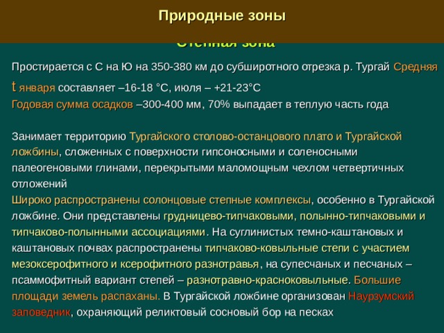  Природные зоны  Степная зона Простирается с С на Ю на 350-380 км до субширотного отрезка р. Тургай Средняя t  января составляет –16-18 °С, июля – +21-23°С Годовая сумма осадков –300-400 мм, 70% выпадает в теплую часть года Занимает территорию Тургайского столово-останцового плато и Тургайской ложбины , сложенных с поверхности гипсоносными и соленосными палеогеновыми глинами, перекрытыми маломощным чехлом четвертичных отложений Широко распространены солонцовые степные комплексы , особенно в Тургайской ложбине. Они представлены грудницево-типчаковыми, полынно-типчаковыми и типчаково-полынными ассоциациями . На суглинистых темно-каштановых и каштановых почвах распространены типчаково-ковыльные степи с участием мезоксерофитного и ксерофитного разнотравья , на супесчаных и песчаных – псаммофитный вариант степей – разнотравно-красноковыльные . Большие площади земель распаханы. В Тургайской ложбине организован Наурзумский заповедник , охраняющий реликтовый сосновый бор на песках 