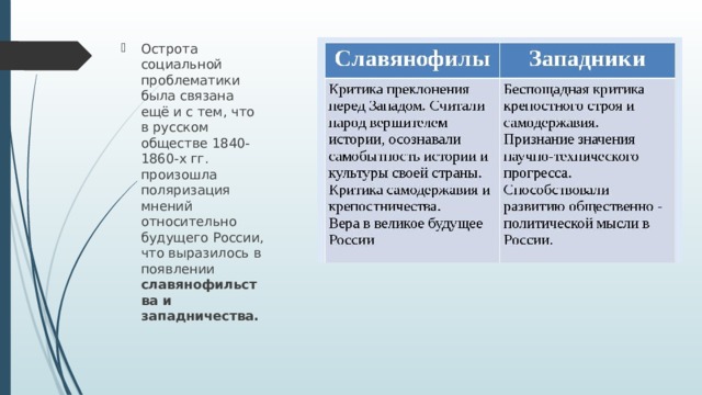 Острота социальной проблематики была связана ещё и с тем, что в русском обществе 1840-1860-х гг. произошла поляризация мнений относительно будущего России, что выразилось в появлении славянофильства и западничества. 