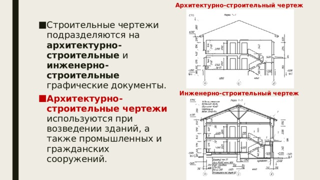 Архитектурно-строительный  чертеж  Строительные чертежи подразделяются на архитектурно-строительные и инженерно-строительные графические документы. Архитектурно-строительные  чертежи используются при возведении зданий, а также промышленных и гражданских сооружений. Инженерно-строительный  чертеж  