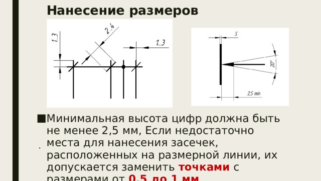 Нанесение размеров Минимальная высота цифр должна быть не менее 2,5 мм, Если недостаточно места для нанесения засечек, расположенных на размерной линии, их допускается заменить точками с размерами от  0,5 до 1 мм . 