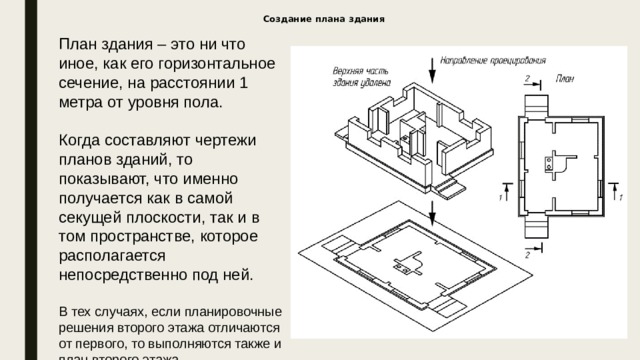 Создание плана здания    План здания – это ни что иное, как его горизонтальное сечение, на расстоянии 1 метра от уровня пола. Когда составляют чертежи планов зданий, то показывают, что именно получается как в самой секущей плоскости, так и в том пространстве, которое располагается непосредственно под ней. В тех случаях, если планировочные решения второго этажа отличаются от первого, то выполняются также и план второго этажа. 