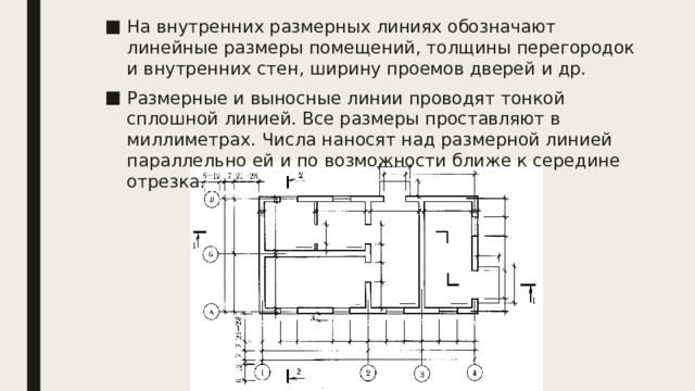 На внутренних размерных линиях обо­значают линейные размеры помещений, тол­щины перегородок и внутренних стен, ширину проемов дверей и др. Размерные и выносные линии проводят тонкой сплошной линией. Все размеры проставляют в миллиметрах. Числа наносят над размерной линией параллельно ей и по возможности ближе к середине отрезка. 
