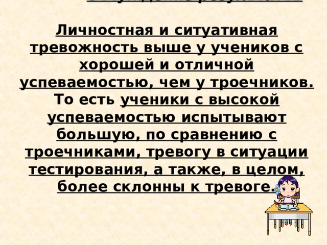  Обсуждение результатов   Личностная и ситуативная тревожность выше у учеников с хорошей и отличной успеваемостью, чем у троечников. То есть ученики с высокой успеваемостью испытывают большую, по сравнению с троечниками, тревогу в ситуации тестирования, а также, в целом, более склонны к тревоге.    