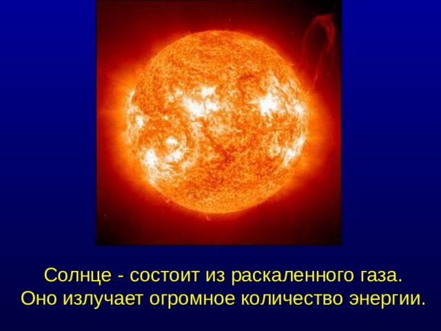      Солнце - состоит из раскаленного газа. Оно излучает огромное количество энергии. 