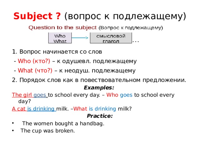 Subject ? (вопрос к подлежащему) 1. Вопрос начинается со слов  - Who (кто?) – к одушевл. подлежащему  - What (что?) – к неодуш. подлежащему 2. Порядок слов как в повествовательном предложении. Examples: The girl goes  to school every day. – Who  goes to school every day? A cat is drinking milk. – What  is drinking milk? Practice:  The women bought a handbag. The cup was broken. 