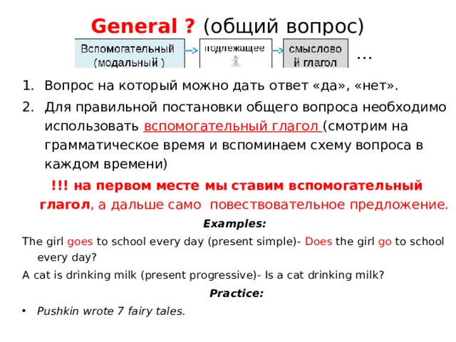General ? (общий вопрос) Вопрос на который можно дать ответ «да», «нет». Для правильной постановки общего вопроса необходимо использовать вспомогательный глагол (смотрим на грамматическое время и вспоминаем схему вопроса в каждом времени) !!! на первом месте мы ставим вспомогательный глагол , а дальше само повествовательное предложение. Examples: The girl goes to school every day (present simple)- Does the girl go to school every day? A cat is drinking milk (present progressive)- Is a cat drinking milk? Practice: Pushkin wrote 7 fairy tales.   