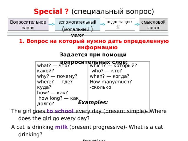 Special ? (специальный вопрос) 1. Вопрос на который нужно дать определенную информацию Задается при помощи вопросительных слов:    Examples: The girl goes to school every day (present simple)- Where does the girl go every day? A cat is drinking milk (present progressive)- What is a cat drinking? Practice: Pushkin wrote 7 fairy tales. what? — что? какой? why? — почему? which? — который? where? — где? куда?  who? — кто? how? — как? when? — когда?  how long? — как долго? How many/much? -сколько 