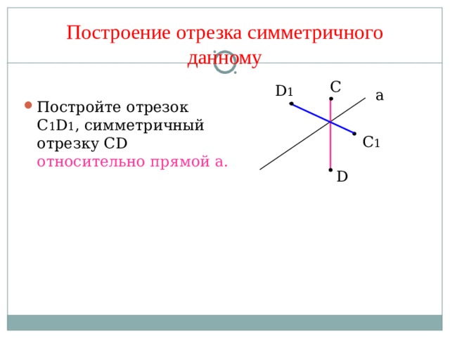 Построение отрезка симметричного данному С D 1 a Постройте отрезок С 1 D 1 , симметричный отрезку С D  относительно прямой а.  C 1 D 