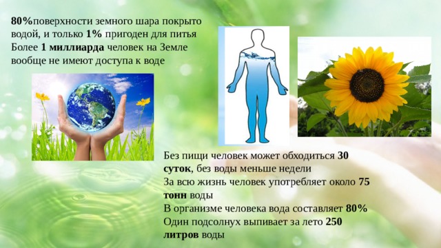 80% поверхности земного шара покрыто водой, и только 1% пригоден для питья Более 1 миллиарда человек на Земле вообще не имеют доступа к воде Без пищи человек может обходиться 30 суток , без воды меньше недели За всю жизнь человек употребляет около 75 тонн воды В организме человека вода составляет 80% Один подсолнух выпивает за лето 250 литров воды 