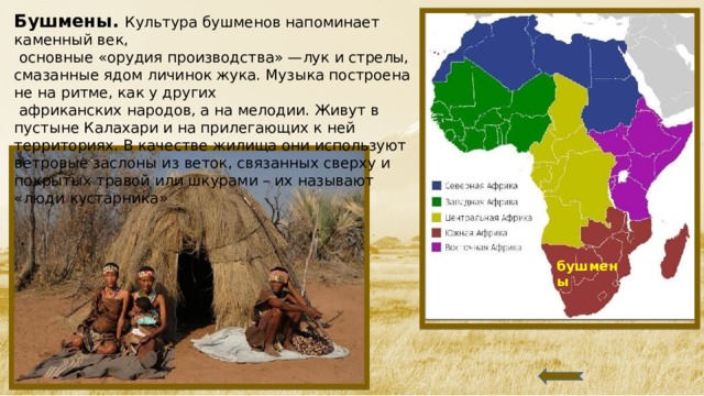 Бушмены. Культура бушменов напоминает каменный век,  основные «орудия производства» —лук и стрелы, смазанные ядом личинок жука. Музыка построена не на ритме, как у других  африканских народов, а на мелодии. Живут в пустыне Калахари и на прилегающих к ней территориях. В качестве жилища они используют ветровые заслоны из веток, связанных сверху и покрытых травой или шкурами – их называют «люди кустарника»    . бушмены  
