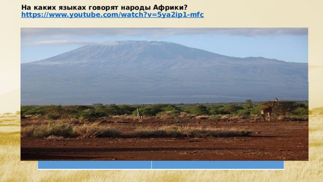 На каких языках говорят народы Африки?  https://www.youtube.com/watch?v=5ya2ip1-mfc Русско- суахили разговорник  Суахили - крупнейший из языков  банту    и один из наиболее значительных языков  Африканского   континента. Являясь языком   межэтнического общения,  суахили распространён на обширной  территории  Восточной  и  Центральной Африки  Здравствуйте Привет шикаму Как дела? Саса, мамбо, джамбо Хабари гани? Спасибо, хорошо До свиданья Нзури, асанте Пожалуйста Ква хери Как Вас зовут? тафадхали Джина лако нани Меня зовут… Джина лангу ни  