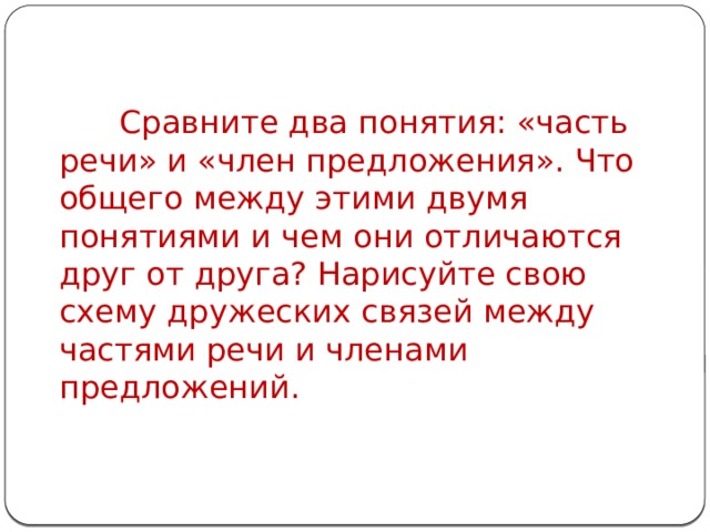  Сравните два понятия: «часть речи» и «член предложения». Что общего между этими двумя понятиями и чем они отличаются друг от друга? Нарисуйте свою схему дружеских связей между частями речи и членами предложений. 