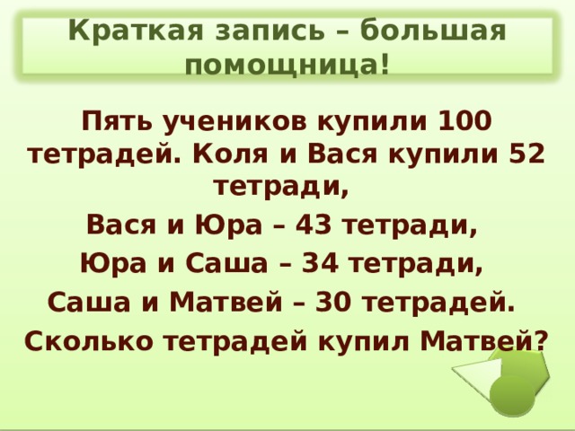 Краткая запись – большая помощница! Пять учеников купили 100 тетрадей. Коля и Вася купили 52 тетради, Вася и Юра – 43 тетради, Юра и Саша – 34 тетради, Саша и Матвей – 30 тетрадей. Сколько тетрадей купил Матвей? 