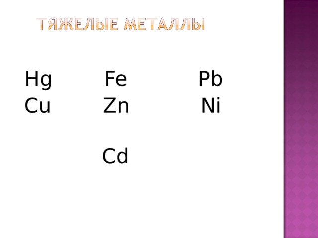 Hg Fe Pb Cu Zn Ni  Cd 