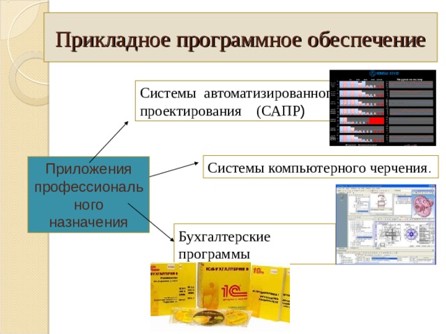 Прикладное программное обеспечение Системы автоматизированного проектирования (САПР ) Системы компьютерного черчения . Приложения профессионального назначения Бухгалтерские программы 