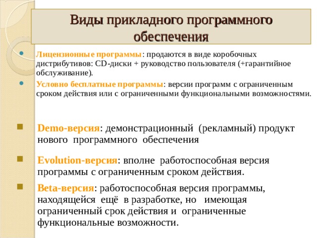 Виды прикладного программного обеспечения Лицензионные программы : продаются в виде коробочных дистрибутивов: CD -диски + руководство пользователя (+гарантийное обслуживание). Условно бесплатные программы : версии программ с ограниченным сроком действия или с ограниченными функциональными возможностями. Demo -версия : демонстрационный (рекламный) продукт нового программного обеспечения Evolution- версия : вполне работоспособная версия программы с ограниченным сроком действия. Beta- версия : работоспособная версия программы,  находящейся ещё в разработке, но имеющая ограниченный срок действия и ограниченные функциональные возможности. 