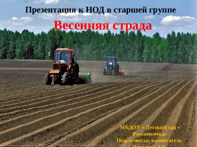 Презентация к НОД в старшей группе Весенняя страда МБДОУ « Детский сад « Россияночка» Подготовила: воспитатель Петренко А.С. 
