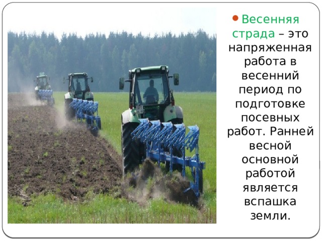 Весенняя страда – это напряженная работа в весенний период по подготовке посевных работ. Ранней весной основной работой является вспашка земли. 