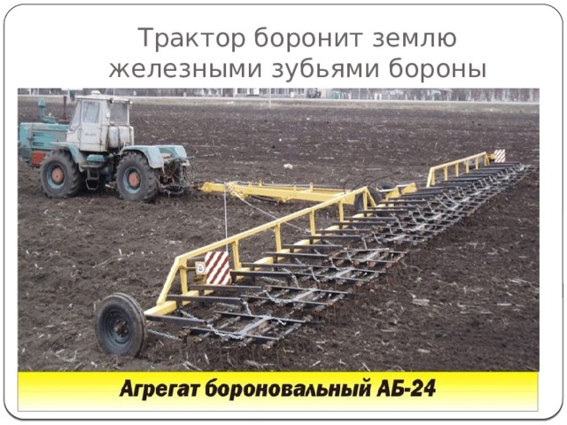 Трактор боронит землю железными зубьями бороны 