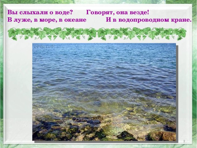 Вы слыхали о воде?   Говорят, она везде!  В луже, в море, в океане   И в водопроводном кране.  