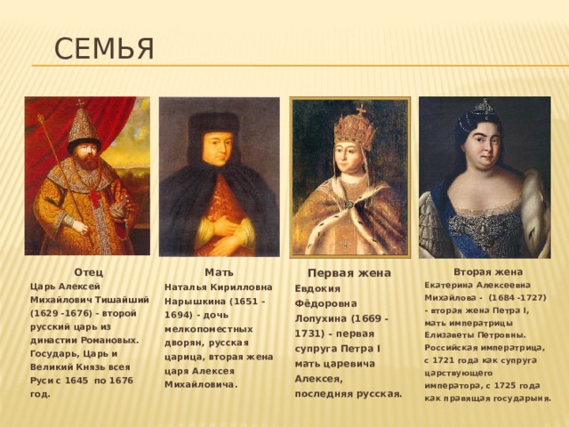 Семья Мать Первая жена Вторая жена Отец  Наталья Кирилловна Нарышкина (1651 - 1694) - дочь мелкопоместных дворян, русская царица, вторая жена царя Алексея Михайловича. Евдокия Фёдоровна Лопухина (1669 - 1731) - первая супруга Петра I мать царевича Алексея, последняя русская. Екатерина Алексеевна Михайлова - (1684 -1727) - вторая жена Петра I, мать императрицы Елизаветы Петровны. Российская императрица, с 1721 года как супруга царствующего императора, с 1725 года как правящая государыня. Царь Алексей Михайлович Тишайший (1629 -1676) - второй русский царь из династии Романовых. Государь, Царь и Великий Князь всея Руси с 1645  по 1676 год. 