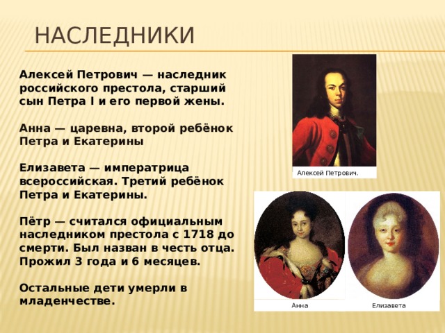 Наследники Алексей Петрович — наследник российского престола, старший сын Петра I и его первой жены.  Анна — царевна, второй ребёнок Петра и Екатерины  Елизавета — императрица всероссийская. Третий ребёнок Петра и Екатерины.  Пётр — считался официальным наследником престола с 1718 до смерти. Был назван в честь отца. Прожил 3 года и 6 месяцев.  Остальные дети умерли в младенчестве. Алексей Петрович. Анна Елизавета 
