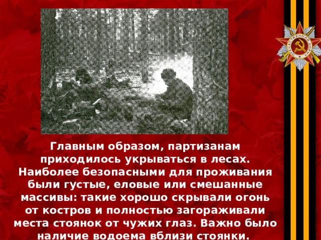 Главным образом, партизанам приходилось укрываться в лесах. Наиболее безопасными для проживания были густые, еловые или смешанные массивы: такие хорошо скрывали огонь от костров и полностью загораживали места стоянок от чужих глаз. Важно было наличие водоема вблизи стоянки. 
