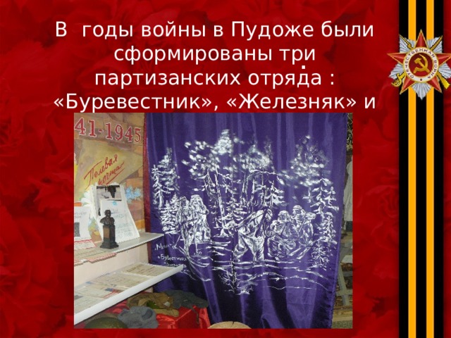 В годы войны в Пудоже были сформированы три партизанских отряда : «Буревестник», «Железняк» и «Мстители». . 