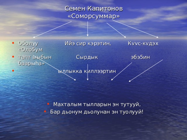 Семен Капитонов  «Соморсуммар»    О5олуу Ийэ сир кэрэтин, К vv с-к v дэх «Оло5ум тапт ыыбын Сырдык эбэ5ин баары h а»  ыллыкка киллээртин    Махталым тылларын эн тутууй, Бар дьонум дьолунан эн туолууй! 