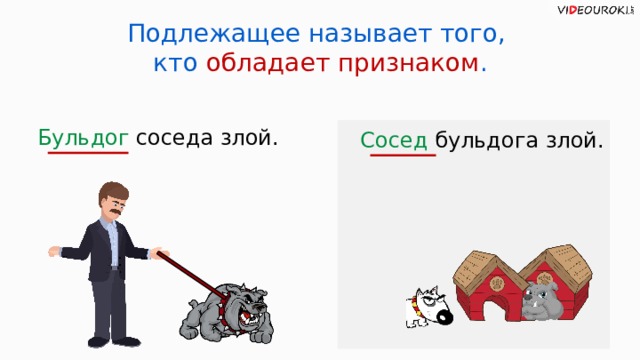 Подлежащее называет того, кто обладает признаком . Бульдог соседа злой. Сосед бульдога злой.  
