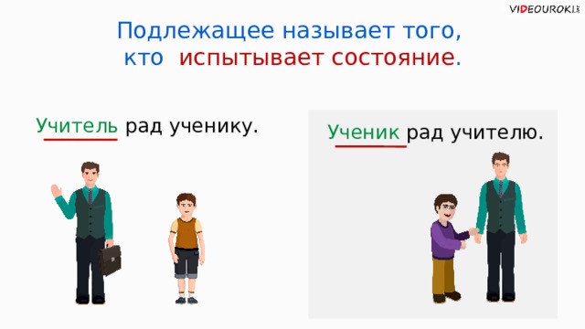Подлежащее называет того, кто испытывает состояние . Учитель рад ученику. Ученик рад учителю.  